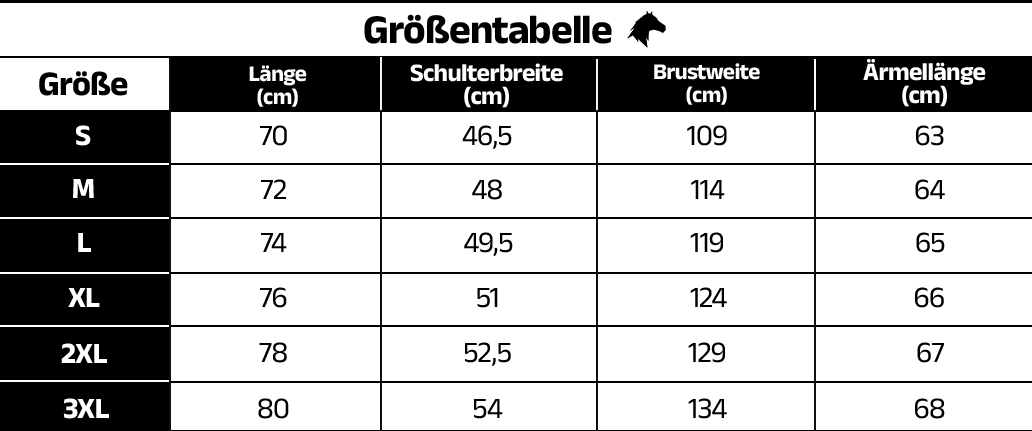 Size chart for the men's half-zipper sweatshirt